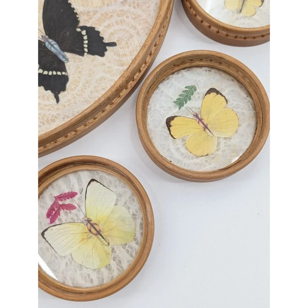 Himark Bamboo Tray Coaster Set Acrylic Pressed Butterfly Flowers 7 Pc Vintage